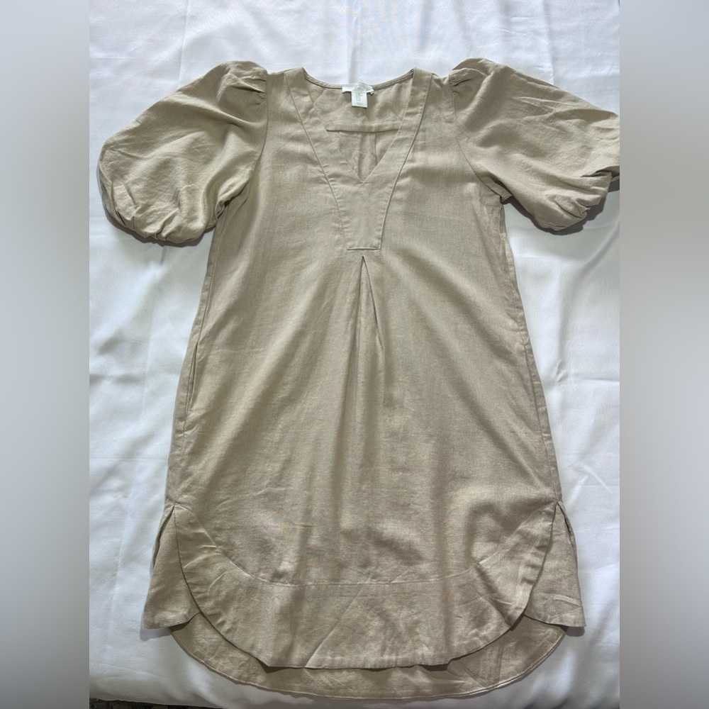 Cynthia Rowley Linen Blend Beige V‑Neck Puff Sleeve Mini Dress Sz XS - Picture 5 of 8